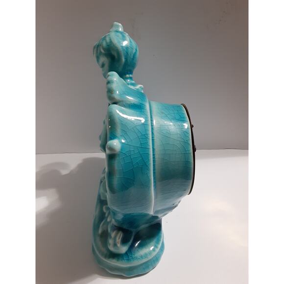 Vintage German Wind Up Clock with Girl in Dress Robin Egg Blue Made in Germany - Picture 8 of 10